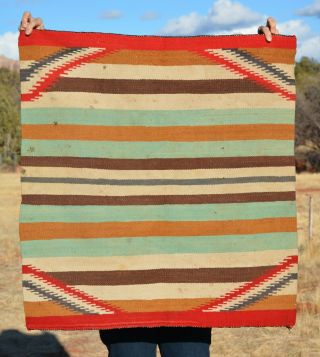 Navajo Indian Striiped Single Saddle Blanket Rug - Turquoise Red Brown - 34 X 33
