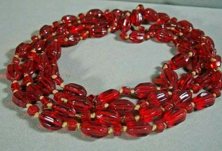 Vintage Art Deco Era Ruby Red Poured Glass Knotted Bead Necklace 56