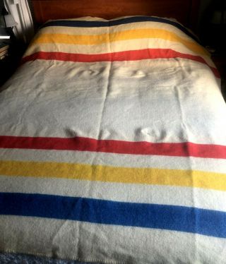 Vtg Orrlaskan Wool Blanket Three Striped Usa Made Queen Size 1950’s Good Cond