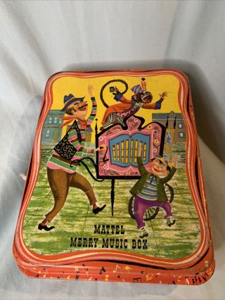 Vintage Mattel Merry Music Box Windup Monkey Organ Grinder Tin