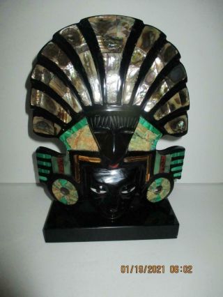 Mexican Aztec Mayan Obsidian & Mother Of Pearl Shell Mask Sculpture With Base