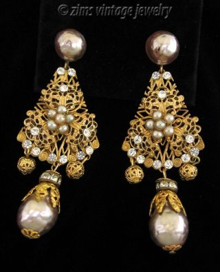 Vintage Victorian Style Gold Filigree Rhinestone Baroque Pearl Dangle Earrings