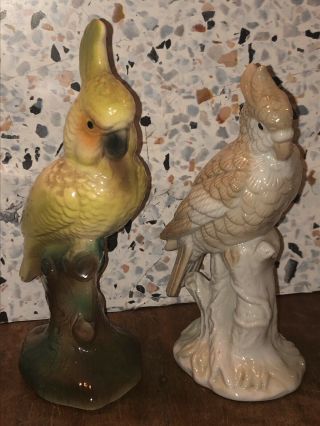 Vintage William Maddux Ceramic Cockatoo Figurines Green And Blush