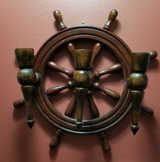 18 " Vintage Nautical Wood Pirate Ship Steering Wheel Candle Holder Wall Decor
