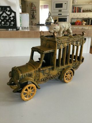 Vintage Cast Iron Yellow Overland Circus Truck With White Bear