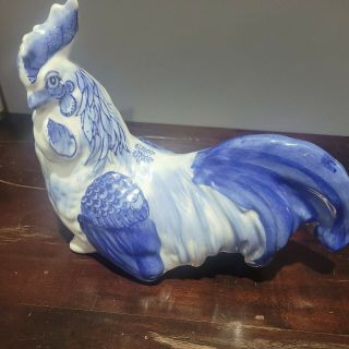 Farmhouse Decor Large Porcelain Rooster Figurine Blue & White 8.  5” Tall 12 " Long