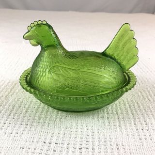 Vintage Hon Clear Green Glass Textured Hen On Nest Trinket Candy Dish