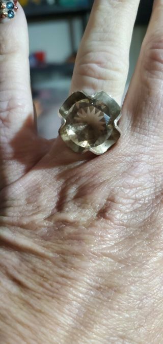 Vintage Taxco Mexico Sterling Silver Smoky Topaz Ring Size 7.  5 Huge