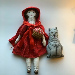 Vintage Handmade Little Red Riding Hood,  Wolf,  And Basket Doll Set With Clothing
