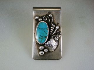 Ornate Vintage Richard Begay Navajo Sterling Silver & Turquoise Money Clip