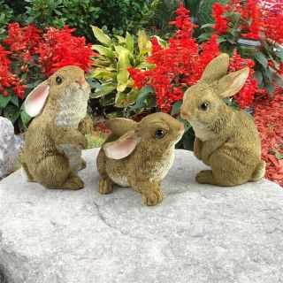 Set Of 3: Baby Bunny Rabbit Hop To It Hare Statue Spring Garden Sculpture