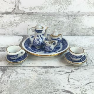 Vintage Miniature Dollhouse Tea Set Asian Blue White 10 Piece Set Porcelain