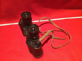 Vintage Ww2 Dated 1943 Binoculars With Khaki Tropical Strap.  Crows Foot Marked.