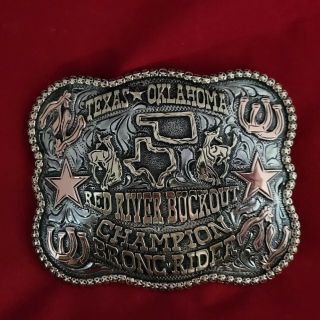 Rodeo Trophy Buckle ☆red River☆ Texas Oklahoma Bronc Riding Champion Vintage 148