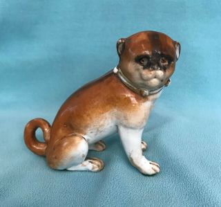 Antique Pug Dog Figurine Wearing Bell Collar -