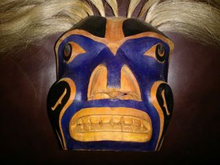 Pacific Northwest Coast Carved Cedar Mask " 1992 " Signed Abalone Inlay Horsehair