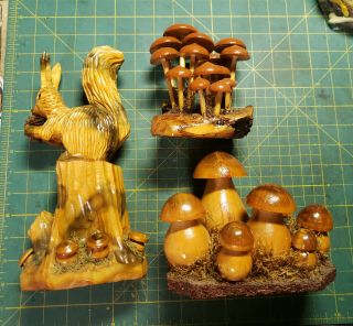 Set Of 3 Hand Carved Wooden Mushroom Squirrel Desk/table Sculptures Fungi Forest