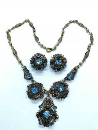 Stunning Vintage Czech Filigree Sky Blue Rhinestone Necklace & Earrings Set