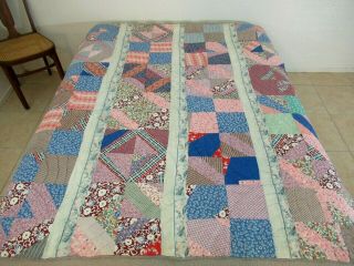 Vintage Feed Sack Hand Pieced & Quilted Four Patch Crazy Strippy Quilt; Good