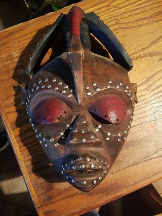 Vintage African Mask Hand Carved Wood Metal Studs