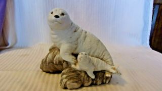 Ceramic Mother Seal & Baby Seal On Rocks,  White And Gray,  5.  5 " Tall
