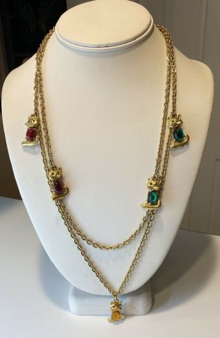 Vintage 50 Inch Rope Necklace - Gold Tone With 7 Jelly Belly Cat Charms