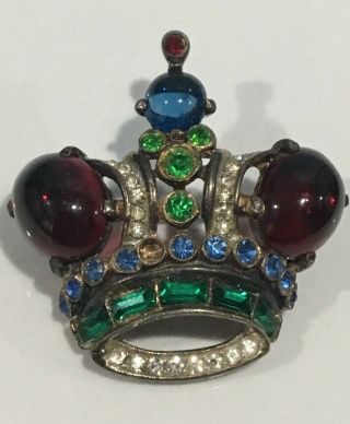 Vintage Trifari Sterling Ruby Emerald Sapphire Cabochon Glass Crown Brooch