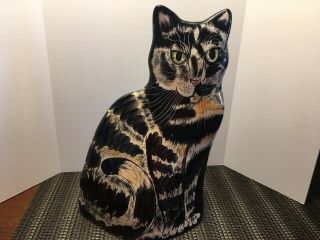 Cats By Nina Lyman Ceramic Calico Handpainted Cat Vase Green Eyes