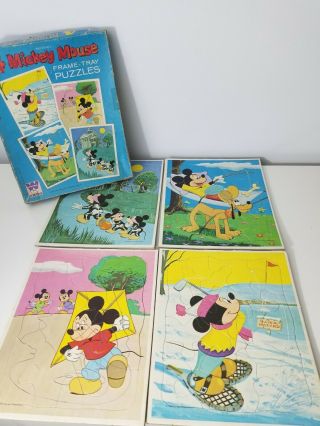 Walt Disney Productions 4 Mickey Mouse Frame Tray Puzzles Vintage Made In Usa