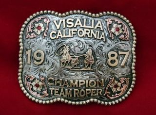 1987☆rodeo Trophy Buckle ☆ Visalia California Team Roping Champion Vintage ▪︎266