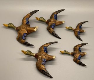 Set 5 Vintage Hand Carved Wood Mallard Ducks In Flight Wall Decor Hanger Plaques