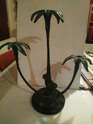 Vintage Brass Triple Palm Trees Candle Holder 14” X 14”