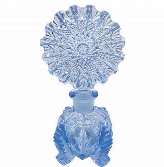 Vtg Irice Art Deco Solid Blue Cut Glass Perfume Bottle W/ Stopper 2.  75”w 6.  5”h