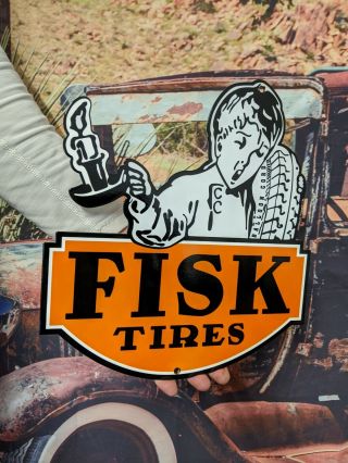 Old Vintage Fisk Tires Porcelain Dealership Advertising Metal Sign Gas Oil Tire
