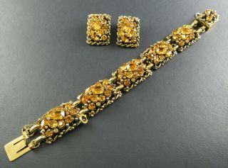 Vintage Barclay Gold Tone Amber Color Rhinestones Bracelet & Earrings Set (5m3)