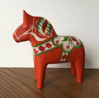 Vintage Swedish Red Dala Horse Akta Dalahemslojd Painted 4” Nils Olsson W/ Label