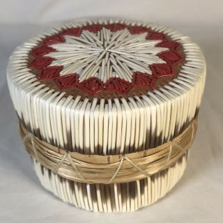 Hand Crafted North American Native Birch Bark Quill Basket Mi’kmaw