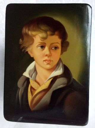 Vintage Russian Lacquer Box Palekh Handpainted Young Boy Portrait Fedoskino 76