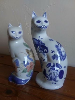 Vintage Ceramic Porcelain Blue & White Cat Figurines,  Set Of 2