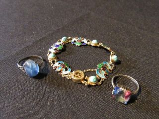 Vintage Silver Art Deco Style Bracelet & 2 X Rings Set With Blue Stones