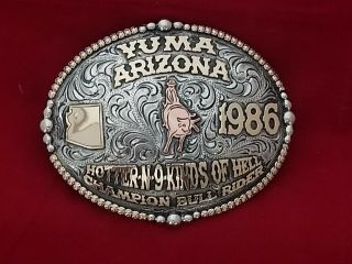 1986 Vintage Rodeo Trophy Belt Buckle Yuma Arizona Bull Riding Champion 898