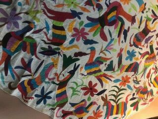 Mexican Textile Embroidered Otomi Round Table cloth 5 1/2 ' in dia. 2