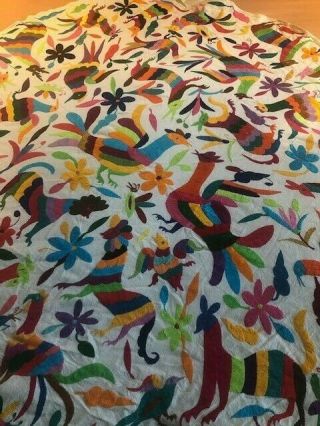 Mexican Textile Embroidered Otomi Round Table cloth 5 1/2 ' in dia. 3