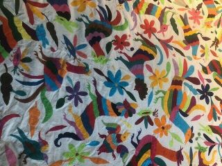 Mexican Textile Embroidered Otomi Round Table cloth 5 1/2 ' in dia. 4