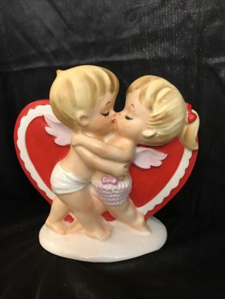 Vintage Lefton Heart & Kissing Cupid Sweetheart Valentine Christmas Vase Planter