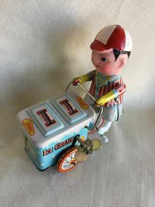 Vintage Tin Toy Wind Up Ice Cream Vender Cart Bicycle