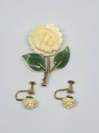 Vtg Krementz White Rose Earrings And Green Jade Pin Brooch Set