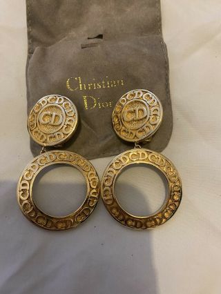 Christian Dior Earrings Gold Cd Clip On Vintage Authentic