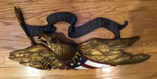 Vintage God Bless America American Flag Patriotic Eagle Resin Wall Plaque 30”