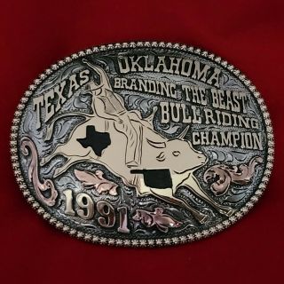 Rodeo Trophy Buckle☆1991☆oklahoma Texas Bull Riding Champion Vintage 672